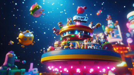 A vibrant, colorful alien landscape with whimsical characters and floating objects.
