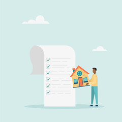 Character holding house with checklist papers. home and property planning. Vector illustration.	