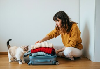 Young woman is packing a suitcase for a trip while her cat sits nearby, seemingly curious about the process