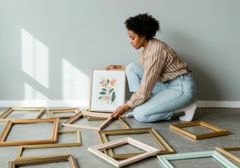 Young woman is kneeling on the floor, choosing a frame from a variety of options