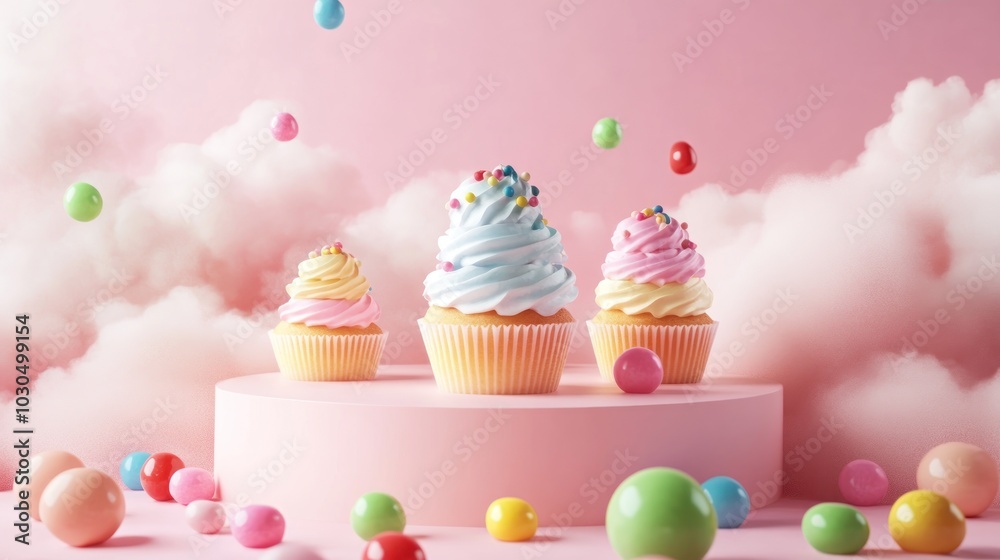 Canvas Prints Colorful cupcakes with frosting and sprinkles on a pastel background with candy.