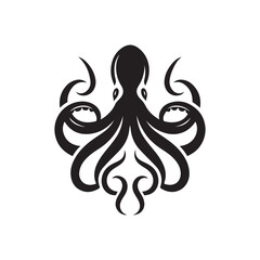 Octopus Black Silhouette. Vector Icon on White Background.