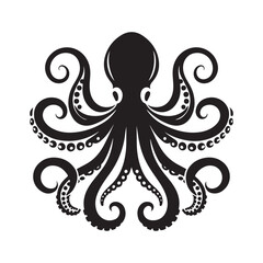 Black Vector Octopus. Silhouette Icon on a White Background.