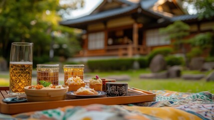 A serene outdoor dining setup with drinks and food in a garden setting.