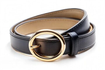 Slim Navy Leather Belt with Gold Circle Buckle