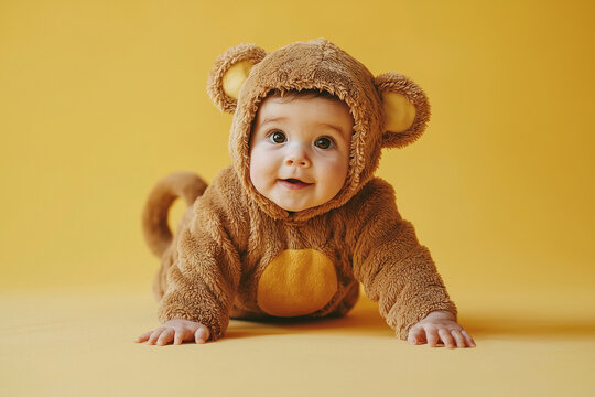 cute smiling baby dressed in monkey costume crawls on yellow background