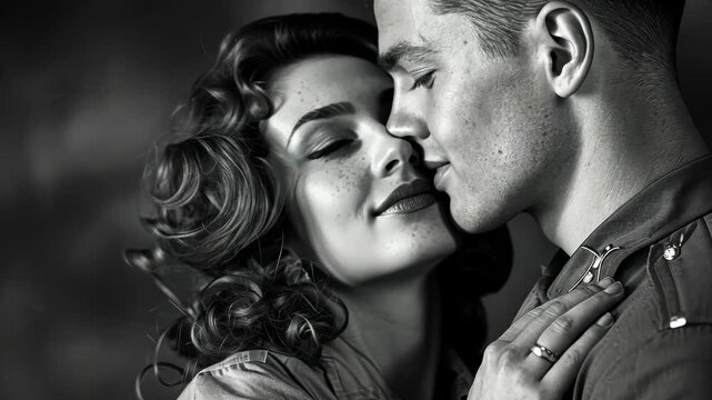 A man and a woman embrace, their faces close together, in a black and white photograph