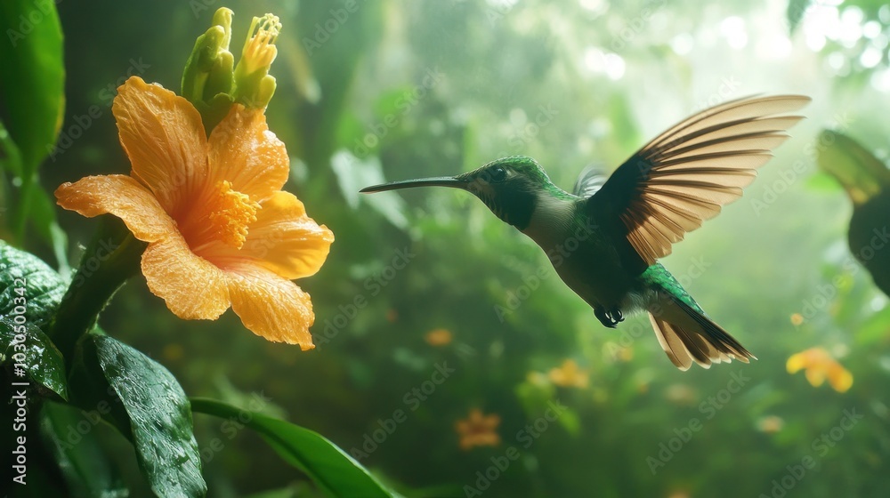 Canvas Prints A hummingbird hovering near a vibrant orange flower in a lush, misty environment.