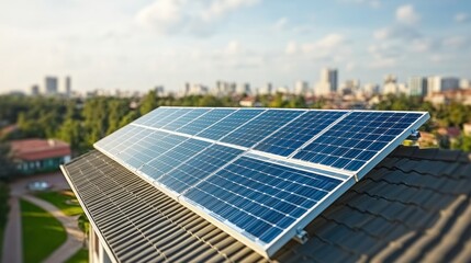 Solar panels installed on a rooftop with a city skyline in the background.