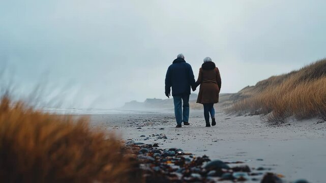 Senior couple walking by the seaside in Britain. Romantic autumn nature walk of two older people holding hands on a peaceful cloudy day. Enjoying nature, companionship, getting older with a partner.