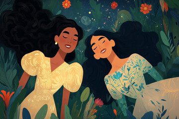 Two young interracial women on a nature background as a symbol of lesbian love or women's friendship, International Women’s day banner or card