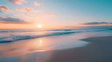 Obraz premium The sea is calm and the sky is beautiful blues and pinks. The sun is setting. Shining a warm light over the water The scene looked calm and peaceful. With waves gently crashing onto the shore.