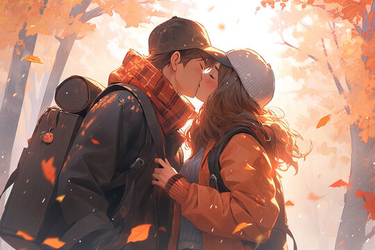 anime couple boy and girl with kiss in an autumn park with bright trees