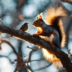 Fototapeta premium Sunlit Stillness: Squirrel and Bird Share a Peaceful Moment