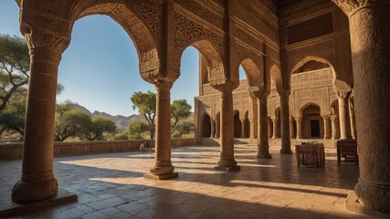 Obraz premium Ornate stone archway with intricate carvings and columns, overlooking courtyard with fountain and lush greenery in background. Architecture in Moorish or Islamic style, with warm, earthy color palette