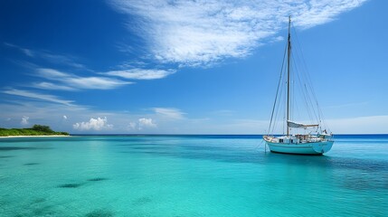 Obraz premium A sailboat is floating in the ocean near a beach. The water is calm and clear, and the sky is blue. The scene is peaceful and serene, with the boat being the only object visible in the water