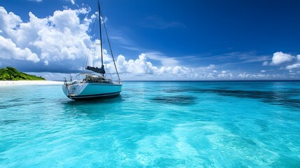 A sailboat is floating in the ocean near a beach. The water is calm and clear, and the sky is blue. The scene is peaceful and serene, with the boat being the only object visible in the water