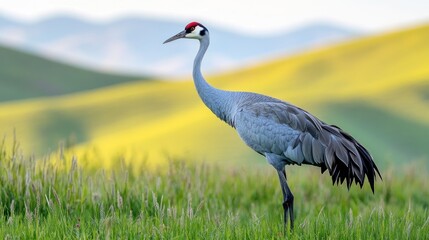 Fototapeta premium A graceful crane stands in a lush green field against rolling hills.