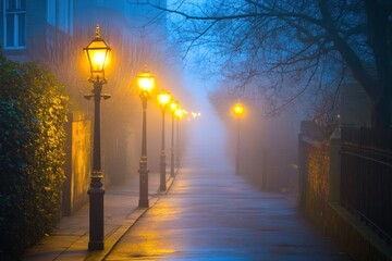 A misty street illuminated by vintage lampposts creates a serene, atmospheric scene.