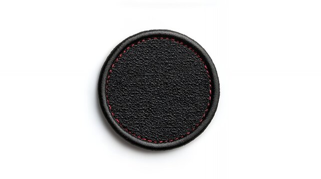Blank black leather patch with red stitching isolated on white background.