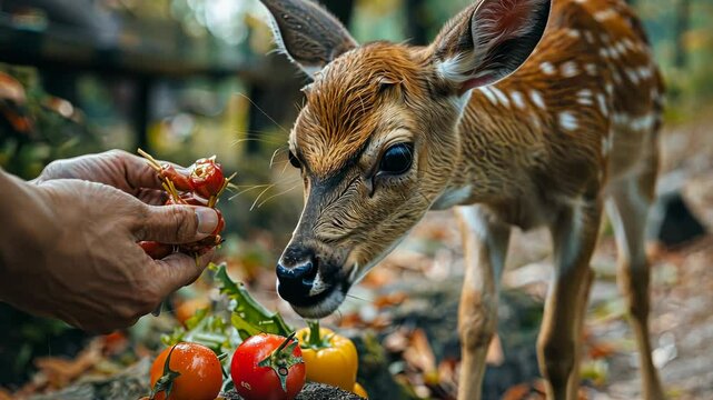 A young deer is being fed tomatoes by a person in a forest setting