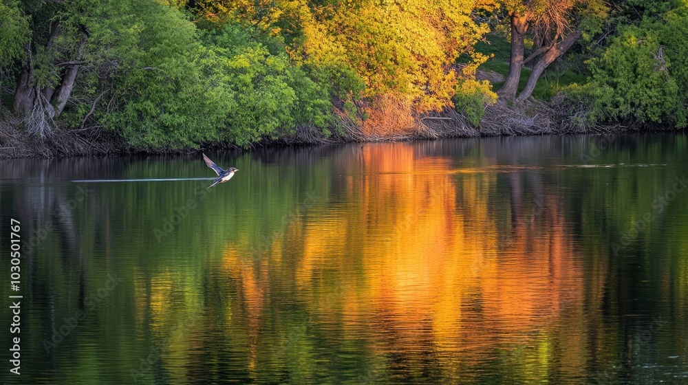 Sticker A serene river scene with vibrant autumn reflections and a bird in flight.