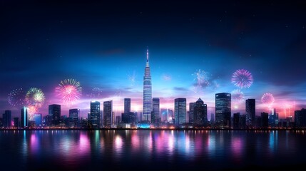 Obraz premium Dazzling Skyline Adrift in Dreamlike Fireworks Display on New Year s Eve 2025