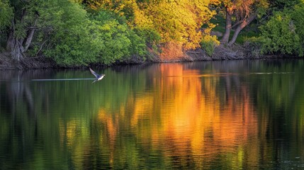 A serene river scene with vibrant autumn reflections and a bird in flight.
