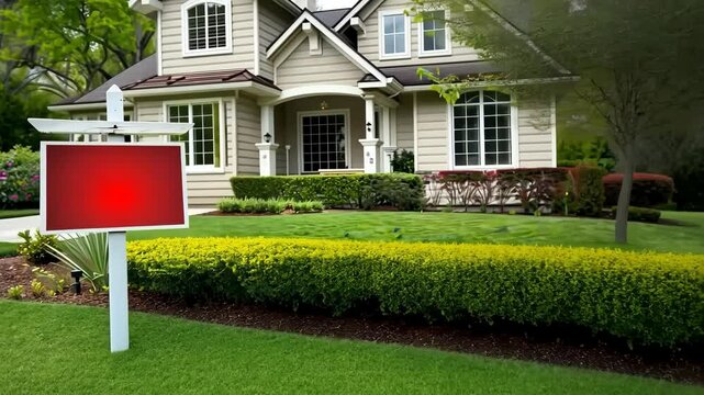 Empty Board Sign for Text. House for Sale with Red Blank Real Estate Sign in Front Yard, White Fence, Green Lawn, Spring Trees, and Sunny Sky