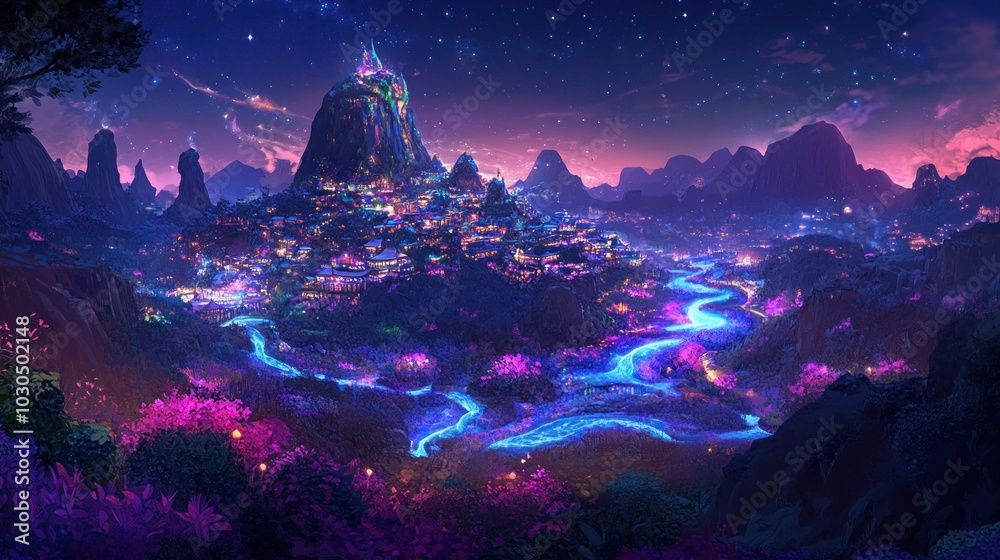 Poster A vibrant fantasy landscape at twilight, showcasing a glowing city surrounded by colorful flora.