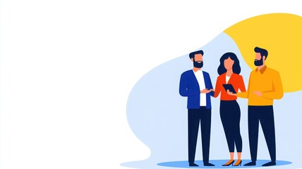 A group of three diverse professionals discussing ideas with digital devices in a modern setting.