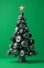 Christmas tree made of car engine parts on a green background, a unique combination of festive and automotive elements.