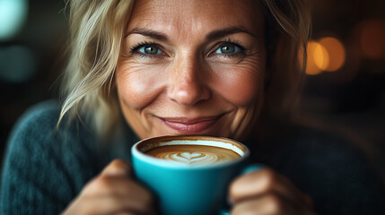 Woman Enjoying a Warm Coffee with a Relaxed Smile