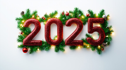 Festive 2025 Decoration with Pine Branches and Ornaments