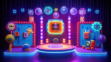 A colorful game show set with interactive elements and vibrant lighting.