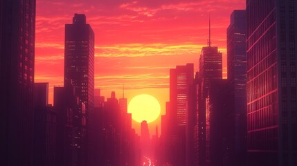 Urban Sunset Over Skyscrapers in Cityscape