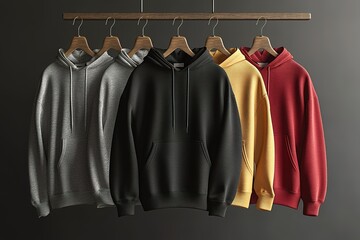 A rack of hoodies with a black, gray, yellow, and red one