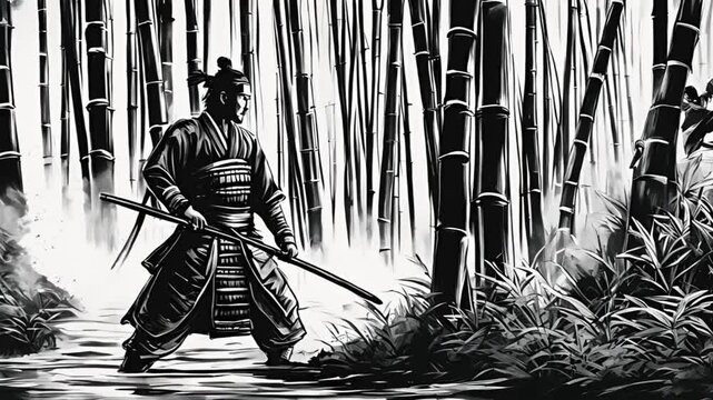 Samurai at a bamboo forest with sword