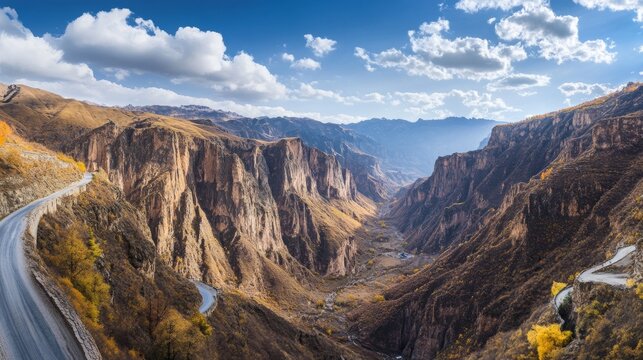Road through Laobiangou canyon in autumn, a panoramic view of Benxi, China. 