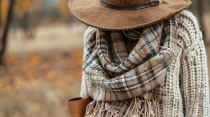 A neutraltoned plaid scarf wrapped around a camelcolored sweater dress paired with kneehigh brown boots and a matching fedora hat for a cozy and classic fall ensemble.