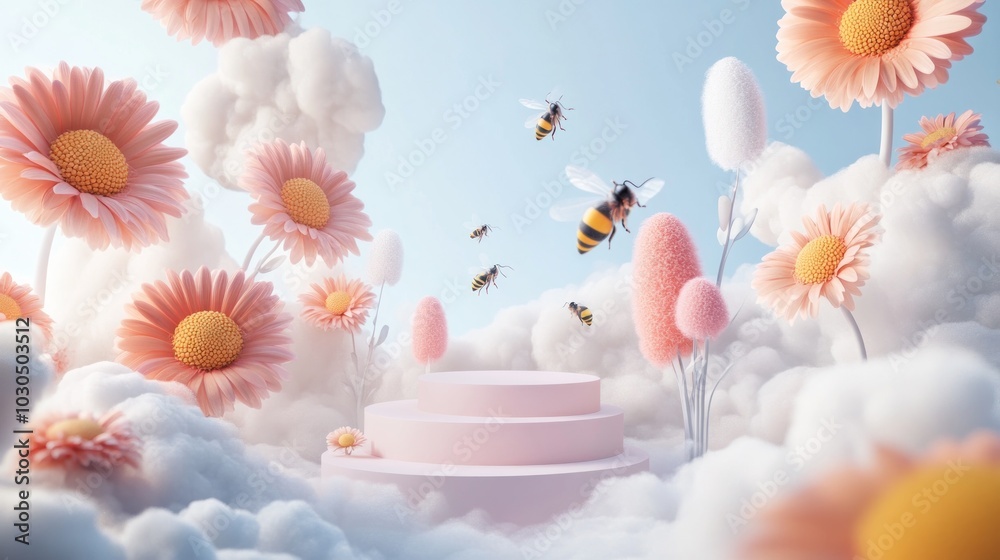 Wall mural A whimsical scene with flowers, bees, and soft clouds, depicting a serene, dreamy environment.