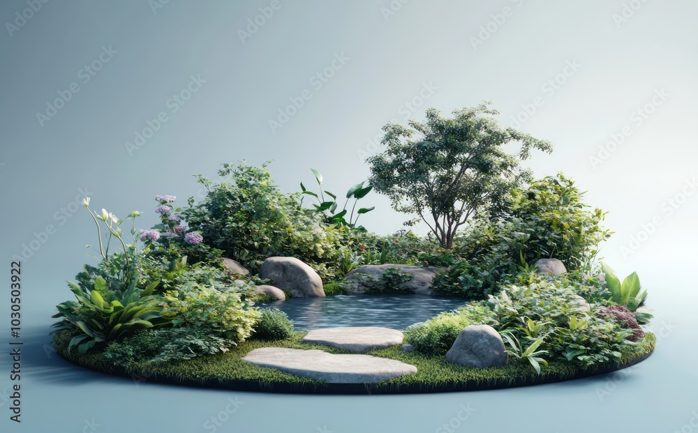 Sticker A serene garden scene featuring a pond, rocks, and lush greenery.