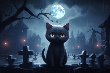 cute cartoon black cat in 3d style in a cemetery at night with gull moon among the graves