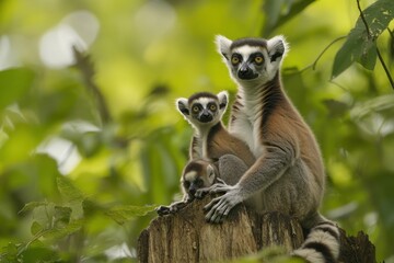 Obraz premium Three lemurs perched on a tree stump in a lush green environment.