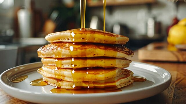 A stack of golden pancakes on a white plate is being drizzled with syrup in a kitchen