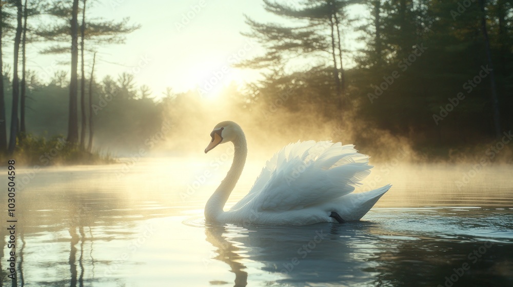 Canvas Prints A serene swan glides through misty waters at sunrise, surrounded by trees and tranquility.