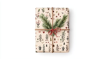 Beautifully wrapped gift with festive wrapping paper and a sprig of greenery, perfect for celebrations.