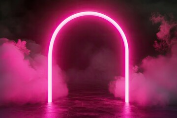 Product Presentation, Neon arch in smoky dark room, pink glowing light, mysterious atmosphere, neon photography