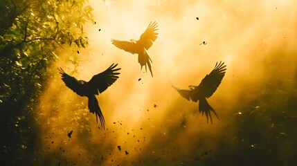 Three graceful macaws soaring through a misty, sunlit jungle.