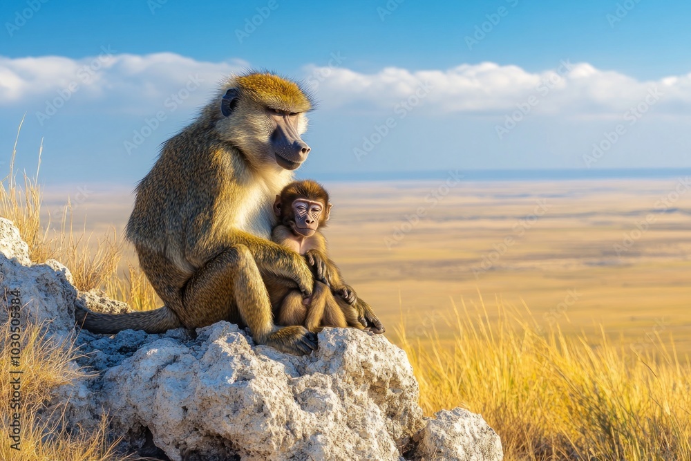 Poster A baboon and its baby sit on a rocky outcrop, overlooking a vast landscape under a blue sky.